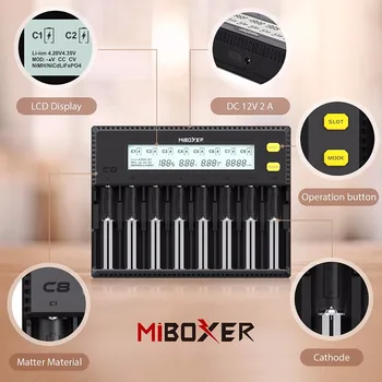 MiBOXER Baterijos Kroviklis 8Slots LCD Ekranas Li-ion LiFePO4 Ni-MH Ni-Cd AAA 21700 20700 26650 18650 17670 RCR123 18700