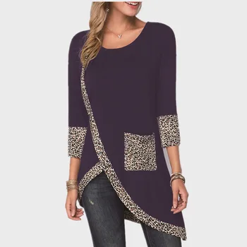 Leopard Print Pocket Ilgai Tshirts Moterų Black Marškinėliai 2020 M. Pavasarį Naujas Ilgas Rankovėmis Atsitiktinis Marškinėliai Viršų O-Kaklo Nereguliarus Sukurta