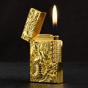 Naujas Ultra Plonas Nemokamai Gaisro Metalinis Žiebtuvėlis Reljefinis Aukso Drakonas Šlifavimo Ratas Titnagas Dujų Degiklio Butano Vėjo Cigarečių Žiebtuvėliai
