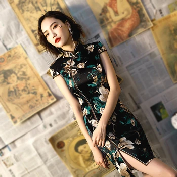 Moden Vintage Black Cheongsam Suknelė Moteris Tradicinės Kinų Suknelės Klasikinis Įstrižai Ritininės Kostiumas Vasaros Šalis Vestido