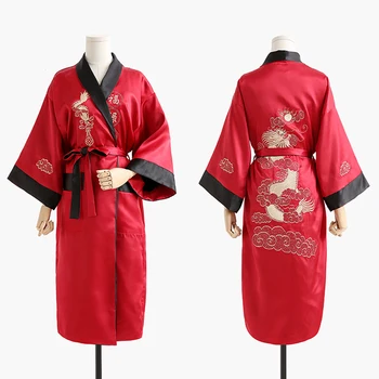 Viskozė Chalatas Kimono Suknelė Skraiste Dviejų Šoninių Sleepwear Namų Drabužių, Siuvinėjimas Dragon Pižamą Vyrų Naujovė Intymus apatinis Trikotažas халат