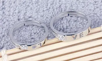 925 sterlingas sidabro romantiškas meilės laišką blizga kristalų įsimylėjėlių pora, vestuviniai žiedai, juvelyriniai dirbiniai moterų ir vyrų piršto atidaryti žiedas dovana