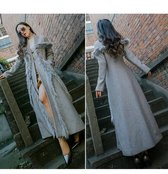 Moterų Žiemos Prabangių Kailinių Dekoruoti Vilnos Švarkas Elegantiškas Extra Long Dizaino Vilnonis Paltas