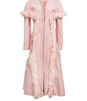 Moterų Žiemos Prabangių Kailinių Dekoruoti Vilnos Švarkas Elegantiškas Extra Long Dizaino Vilnonis Paltas