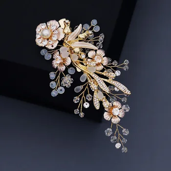 Elegantiškas Mori Matinio stiklo Kristalų, Perlų Pusėje Įrašą Derliaus Teismas Stiliaus Golden Flower Plaukų Įrašą Nuotaka vestuvių plaukų Papuošalai