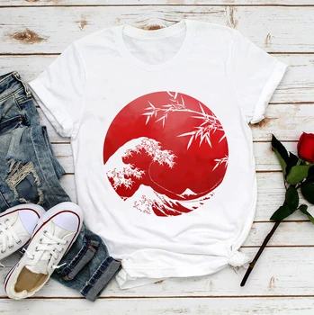 Didžiosios Bangos off Kanagawa raudona saulė vintage marškinėliai moterims vasarą naujas baltos spalvos atsitiktinis femme meno mergaitė, marškinėlius streetwear