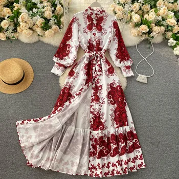 Moterų Europos Prašmatnus Vintage Suknelė Rudenį Kontrasto Spalvų Gėlių Spausdinti Sluoksniuotos Rankovėmis Stovėti Apykaklės Padalinta Ilga Suknelė Vestidos PL411