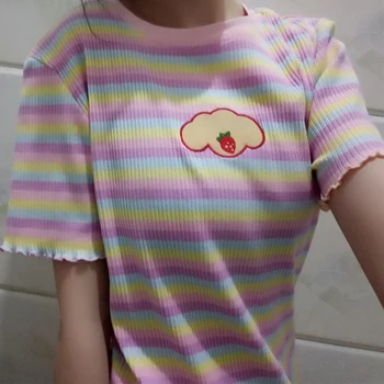 NYOOLO Laisvalaikio stiliaus Braškių Siuvinėjimo Vaivorykštė Plonas Dryžuotas trumpomis rankovėmis T-shirt Moterims 2020 Metų Vasaros saldus mergaičių marškinėliai, Topai