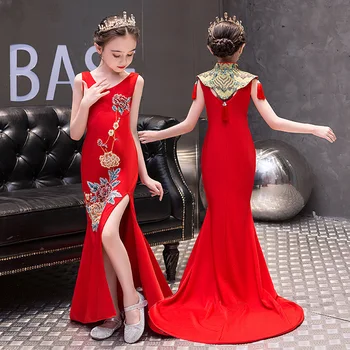 2021 kinų naujieji metai raudonas kostiumas amžius 3 - 14 metų paauglių mergaičių kinų stiliaus qipao vakare chalatai vaikai frocks mermaid dress