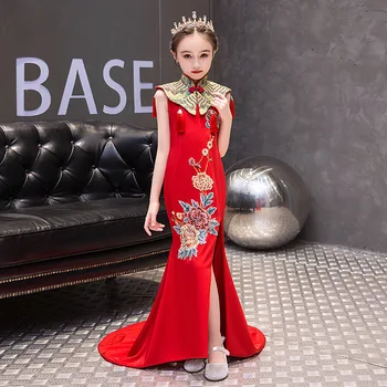 2021 kinų naujieji metai raudonas kostiumas amžius 3 - 14 metų paauglių mergaičių kinų stiliaus qipao vakare chalatai vaikai frocks mermaid dress