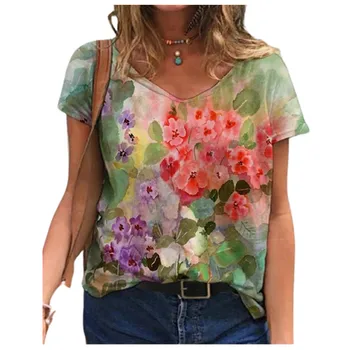 Kaklaraištis Dažų 3D Gėlių Spausdinti Moterys T Atsitiktinis Marškinėliai trumpomis Rankovėmis Prarasti Plius Dydis Mados Viršūnes Gatvės Ponios V-Kaklo Summer Tee 2021 Naujas