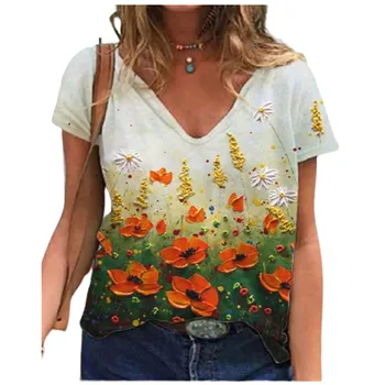Kaklaraištis Dažų 3D Gėlių Spausdinti Moterys T Atsitiktinis Marškinėliai trumpomis Rankovėmis Prarasti Plius Dydis Mados Viršūnes Gatvės Ponios V-Kaklo Summer Tee 2021 Naujas
