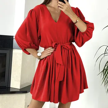 Varčias Giliai V-kaklo Office Lady Mini Suknelė 2021 M. Pavasarį Tris Ketvirčio Marškinėliai Suknelė Vakare Šalies Raudona Clubwear 2XL Plius Dydis G2395
