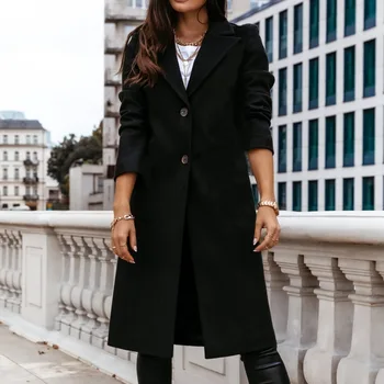 2021 JK Stiliaus Moterų Ilgas Kailis Plius Dydis Rudens Žiemos Klasikinis Ilgas Kailis Pasukite Žemyn Apykaklės Vilnos Kailio Skraiste viršutinių drabužių siuvimas