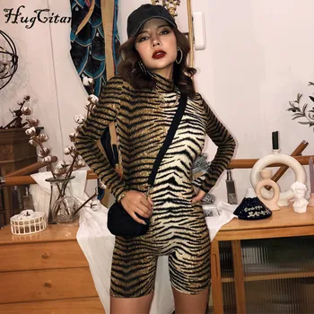 Hugcitar 2019 ilgomis rankovėmis tigras, leopardas spausdinimui seksualus bodycon playsuit rudens žiemos moterys streetwear klubas kūną patenka cute komplektai