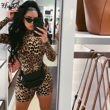 Hugcitar 2019 ilgomis rankovėmis tigras, leopardas spausdinimui seksualus bodycon playsuit rudens žiemos moterys streetwear klubas kūną patenka cute komplektai