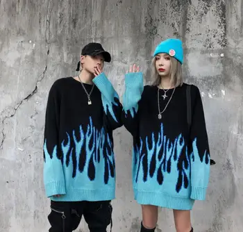 Korėjos Purus Megzti Liepsna Vyrų ir Moterų Hip-Hop Streetwear O-kaklo Megztinis (Puloveris)