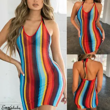 Mada Moterims Seksualus Halterneck Juostele Backless Mini Suknelė Įvairių spalvų Bodycon Paplūdimio Sundress Šalies Klubas Dėvėti