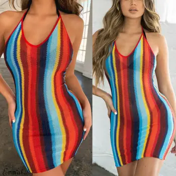 Mada Moterims Seksualus Halterneck Juostele Backless Mini Suknelė Įvairių spalvų Bodycon Paplūdimio Sundress Šalies Klubas Dėvėti