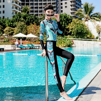 Ilgomis rankovėmis atskiros moterų Rashguard sintezės moterų maudymosi kostiumėliai, sportiniai marškinėliai, kelnaitės tiktų banglenčių kostiumas bėrimas apsaugas moteris maudymosi kostiumėlį