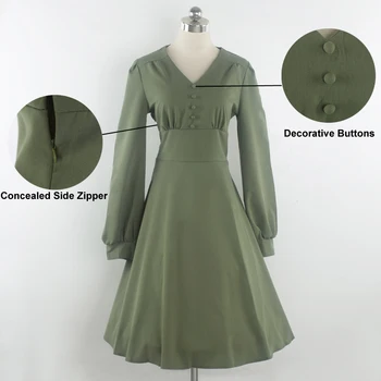 Tonval Žalia Elegantiškas Aukšto Juosmens Vintage Suknelė Ruched Mygtuką Krūtinė Moterims Ilgomis Rankovėmis Suknelė 2019 M. Rudenį Retro Swing Suknelės