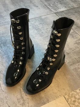 Moterų batai batai 2019 m. rudenį naujų nėriniai su lakinės odos batus pusėje zip mados batai