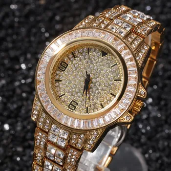 Prabangių Vyrų Aukso Spalvos Watch & Apyrankę Combo Set Ledo Iš Kubos Kristalų Miami Geometrinės Formos Apyrankę Grandinės Hip-Hop vyrams