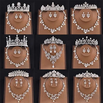 Vestuvių Papuošalai Rinkiniai Pearl Rožančiai ir Karūnos, Karoliai ir Auskarai Nustatyti Galvos Vestuvių Papuošalai Karalius ir Karalienė Princess Crown Moterys Šalis