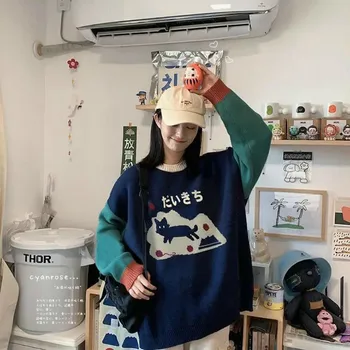 Moterų Megztinis Animacinių Filmų Kratinys Panelled Laisvi Megztiniai Moterų Saldus Puikus Japoniško Stiliaus Prabangus Šiltas, Minkštas Streetwear