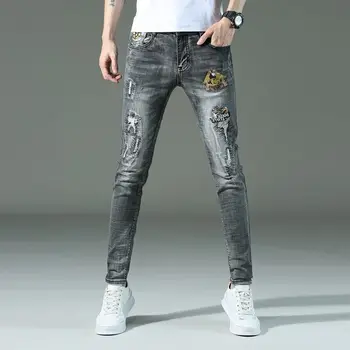 Didmeninė 2020 Mados tendencija kankina denim jeans vyriški slim elastinės kojų kelnės vyrams, prekės ženklas elgeta kelnės, vyriški siuvinėjimo kelnės