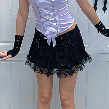 Nėrinių Gotikos Y2K Klostuotas Sijonas Moteris Punk Stiliaus Tamsiai akademinės bendruomenės Estetinės Derliaus 90s Streetwear Juoda Šokių Mini Sijonai