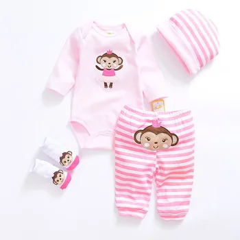 Mielas Beždžionės kūdikių Drabužių Rinkiniai medvilnės berniukas drabužių, kombinezonas Naujagimiui mergina tiktų 4pcs ilgomis rankovėmis kūdikiams bodysuits+kelnės+kojinės+kepurė