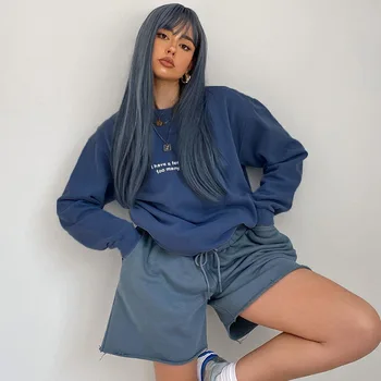 Moterų Mėlyna Laišką Įgulos Kaklo Palaidinukė Negabaritinių Puloveris 2020 M. Rudens Žiemos Streetwear Viršūnes Harajuku Atsitiktinis Laisvi Megztiniai