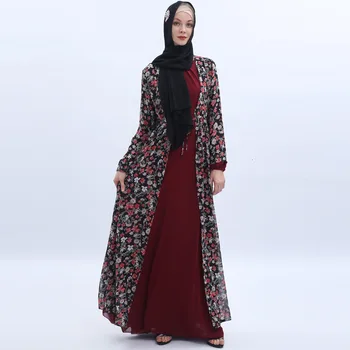 Naujas Spausdinti Gėlių Šifono Cardigan Ne Vasaros Musulmonų Suknelė Moterų Elegantiškas Chalatai Kimono Atidaryti Abaja Bordo Plonas Arabų Chalatai