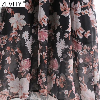 Zevity Naujas Moterų Vintage V Kaklo Gėlių Spausdinti Elastinga Juosmens Šifono Midi Lady Suknelė ilgomis Rankovėmis Atsitiktinis Slim Šalies Vestido DS4729