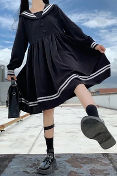 Moterų Suknelė Rudenį Japonų Stiliaus Tamsiai Tamsiai Apykakle ilgomis Rankovėmis Saldus Lankas Aukšto Juosmens Plisuotos JK Sailor Suknelė Mokyklos Mergina Vienodas