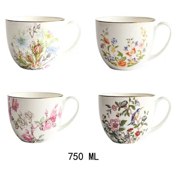 750 ml 25 OZ Kaulų Kinijos Keramikos Puodelis Puodelis Kavos, Pieno, Grūdų Arbata Trumpąją Makaronai Kūrybos Padidėjo Paukščių ir Gėlių Modelio DEC434