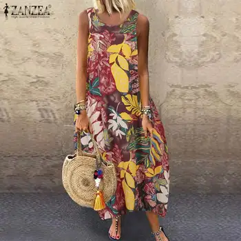 Plus Size 2021 ZANZEA Vasarą Moterys Derliaus Gėlių Spausdinti Sundress Bohemijos Ilga Suknelė Paplūdimio Vestido Sarafans Rankovių Suknelės