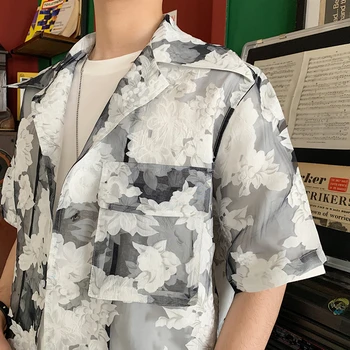 Vasaros Skaidrus Marškiniai vyriški Mados Spausdinti Atsitiktinis Gėlių Marškinėliai Vyrams Streetwear Prarasti trumpomis Rankovėmis Shirt Mens Suknelė Marškinėliai