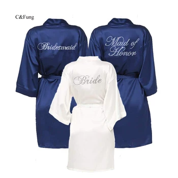 C&Fung tamsiai mėlyna nuotakos apdaras Moterų Bridesmaid Kimono Rūbeliai Atlaso kalnų krištolas Trumpas Vestuvių Chalatas Kimono Brides Vestuves
