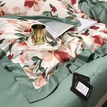 Gėlės Lapai Filialas modelis Derliaus Patalynės Komplektas Tencel Minkštas Premium Antklode Padengti paklode Užvalkalai Karalienė King size 4Pcs