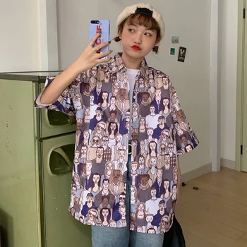 Korėjos Stiliaus Vasaros Palaidinė Marškinėliai Moterims Moteriški Harajuku Ulzzang Drabužius trumpomis Rankovėmis Mygtuką Iki Juokinga Spausdinti Viršų