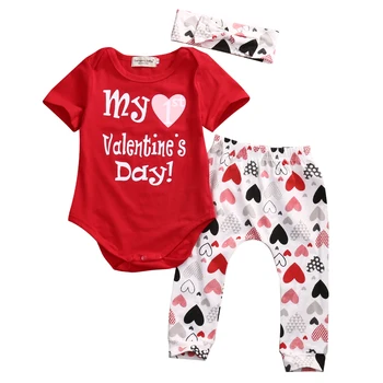 Mano 1 Valentino Dieną Kūdikis, Berniukas, Mergaitė Laišką Atspausdinta marškinėliai Bodysuit Viršūnes +Gėlių Kelnes headhand Komplektai Rinkinys