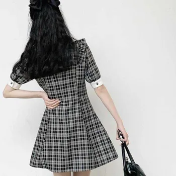 Moterų Preppy Stilius Pledas Mini Juodos Spalvos Patikrinti Spausdinti Lankas Suknelė Kolegijos Japonijos Mori Mergina Drabužių