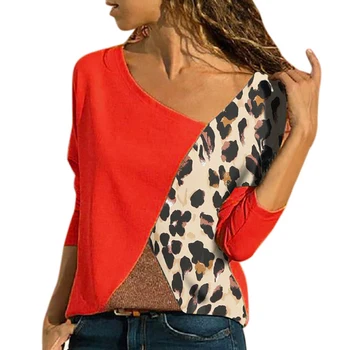 Plus Size Leopard Kratinys Palaidinė Marškinėliai Moterims Spalva Blokuoti ilgomis Rankovėmis Rudens Žiemos Pagrindinių Moterų Viršūnes ir Palaidinės 5XL SJ1585M
