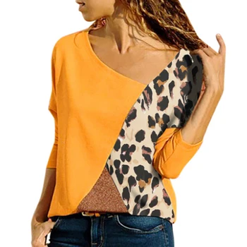 Plus Size Leopard Kratinys Palaidinė Marškinėliai Moterims Spalva Blokuoti ilgomis Rankovėmis Rudens Žiemos Pagrindinių Moterų Viršūnes ir Palaidinės 5XL SJ1585M