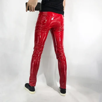 M-6XL! Plius dydžio odinės kelnės vyrams, Raudona super šviesus stora veidrodis odinės kelnės elastinga PU pants vyriškos lyties modelio ds rodyti