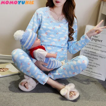 Medvilnės Nėštumą Moterims Slaugos Drabužių Rinkinius, nėriniai Motinystės naktiniai drabužiai Viršūnes Kelnes Motina Kostiumai Premama Pijamas Nightgowns