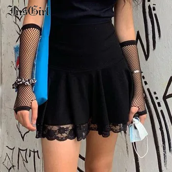 InsGirl Streetwear Tamsus Juodas Mini Sijonas Moterims Aukšto Juosmens Nėrinių Kratinys-line Klostuotas Sijonas Derliaus Gothic Punk Y2k Sijonai