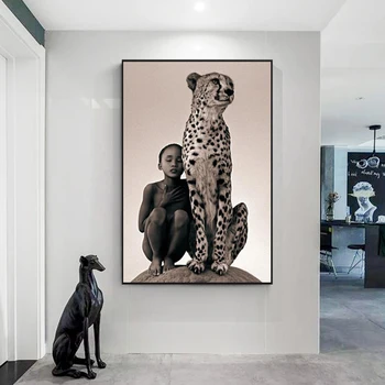 Vaikas Su Cheetah Drobės, Paveikslai, Sienos Menas, Plakatų Ir Grafikos Pobūdis Gyvūnų Sienos Drobė Nuotraukas Kambarį Cuadros